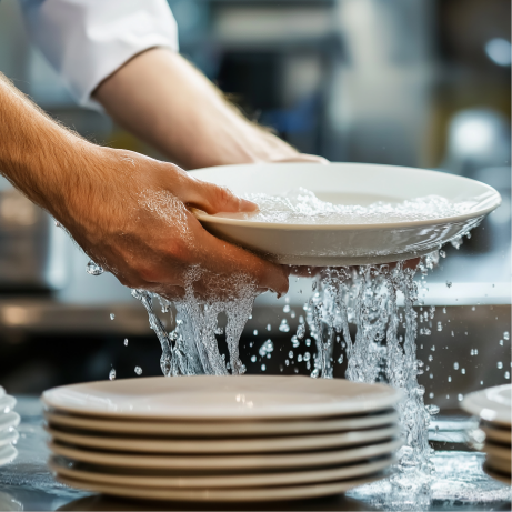 Dishes being washed.